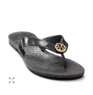 Tory Burch Black Thora Jelly Thong Sandals | Gold Logo | 6